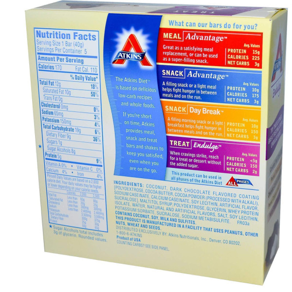 Шоколадні батончики з кокосом, Chocolate Bar, Atkins, 5 бат. по 40 г