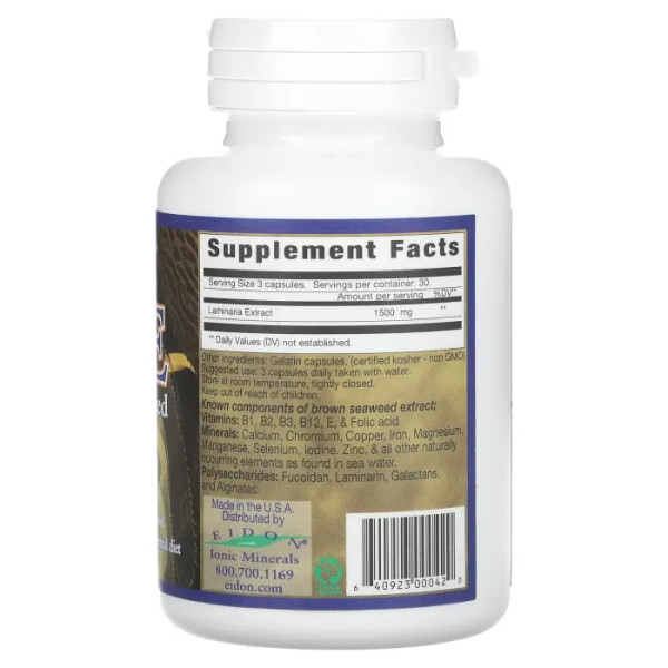 Бурі водорості, BSE (Brown Seaweed Extract), Eidon Ionic Minerals, екстракт, 500 мг, 90 капсул