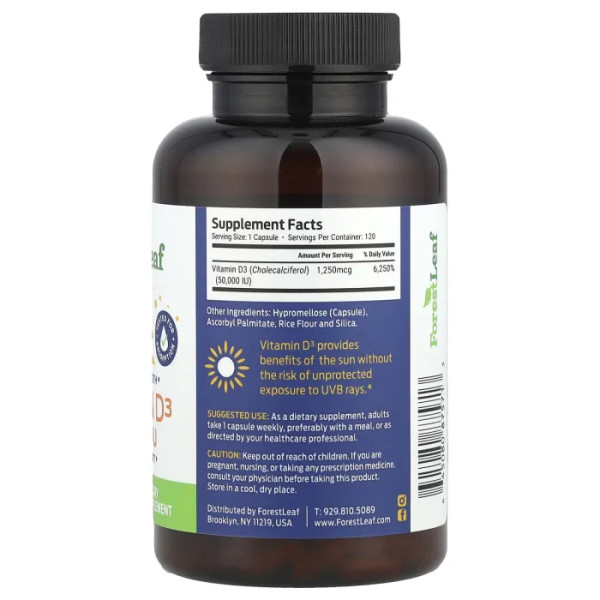Вітамін D3, Vitamin D3, Forest Leaf, 50 000 МО, 120 рослинних капсул