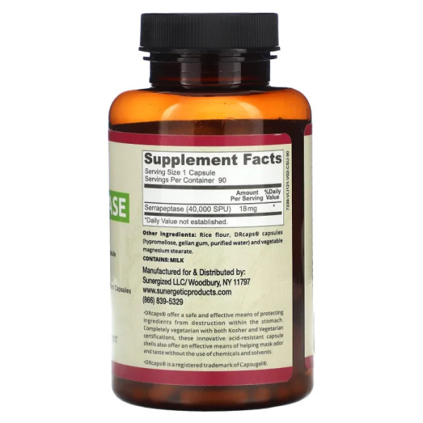 Серрапептаза, Serrapeptase, Sunergetic, 18 мг, 90 капсул