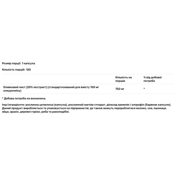 Олива, Olive Leaf Extract, Sunergetic, екстракт листя, 750 мг, 120 капсул