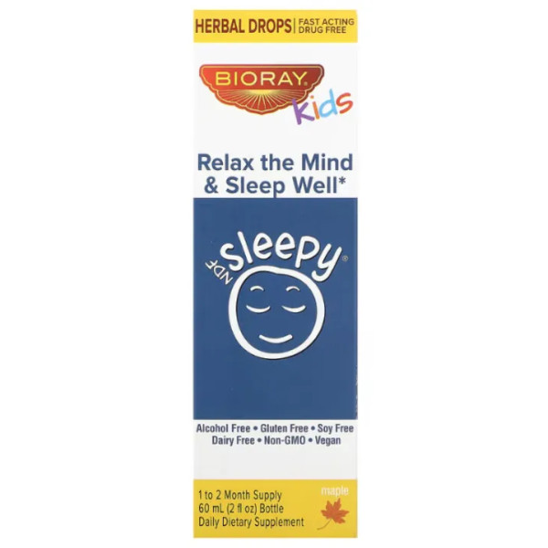 Розслаблення та міцний сон для дітей від 12 місяців, Kids, NDF Sleepy, Bioray, смак кленовий, 60 мл