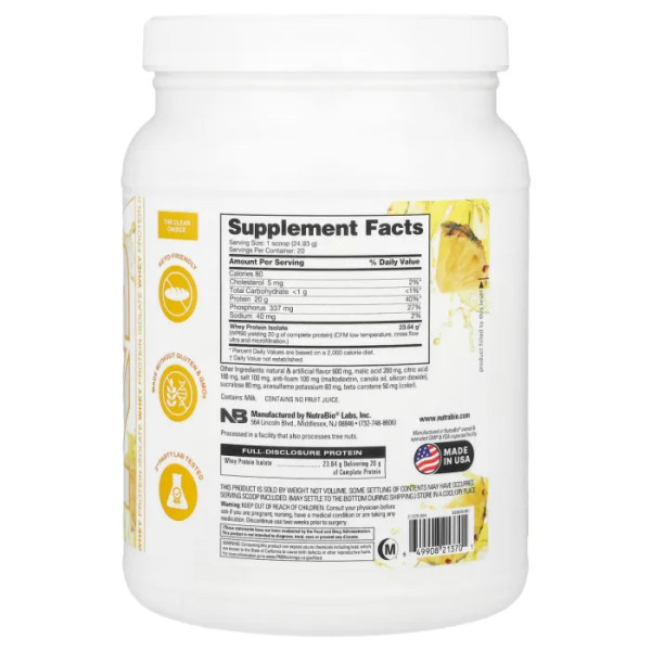 Ізолят сироваткового протеїну, Clear Protein, NutraBio, чистий, зі смаком ананасу, 499 г