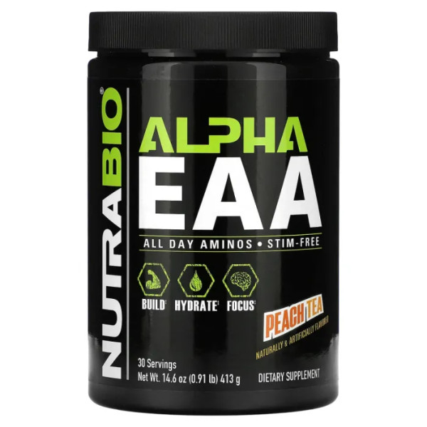 Амінокислоти, Alpha EAA, NutraBio, незамінні, зі смаком персикового чаю, 413 г