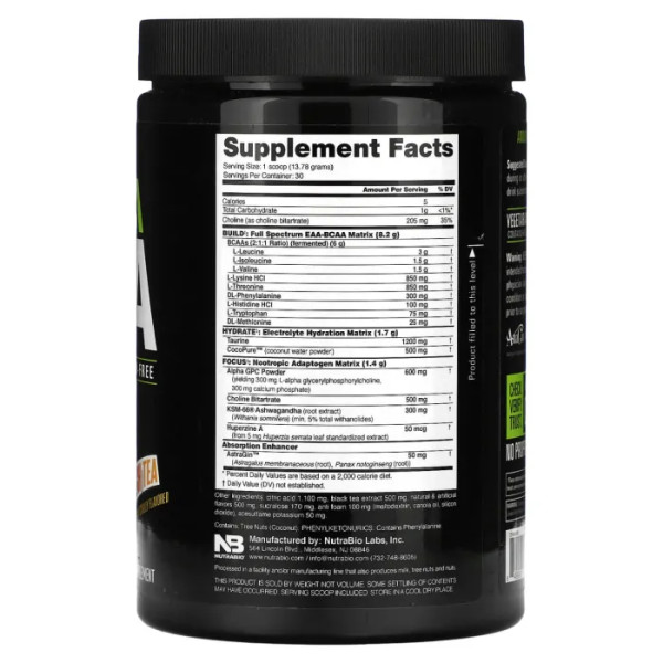 Амінокислоти, Alpha EAA, NutraBio, незамінні, зі смаком персикового чаю, 413 г