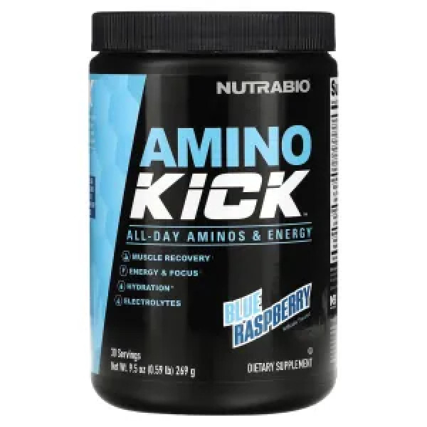 Амінокислоти, Amino Kick, NutraBio, з електролітами, зі смаком блакитної малини, 269 г
