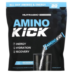 Аминокислоты с электролитами, вкус голубая малина, NutraBio Amino Kick, 20 пакетиков по 9 г
