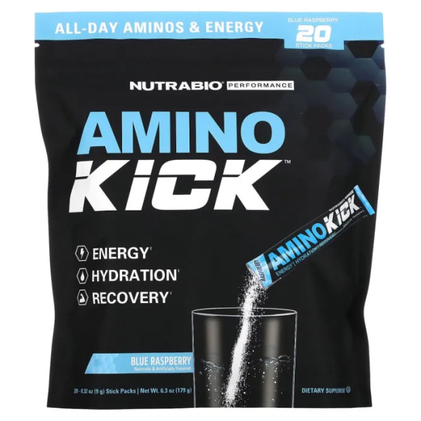 Амінокислоти, Amino Kick, NutraBio, з електролітами, зі смаком блакитної малини, 20 пакетиків по 9 г