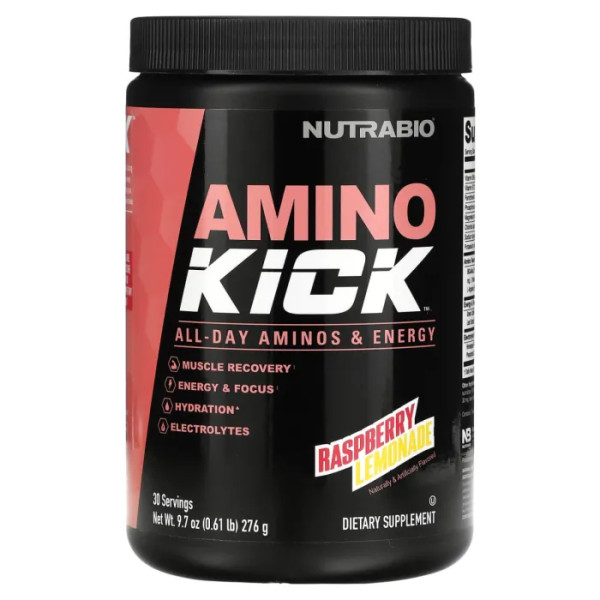 Амінокислоти, Amino Kick, NutraBio, з електролітами, зі смаком малинового лимонаду, 274 г