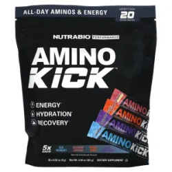 Аминокислоты, с электролитами, ассорти вкусов, Amino Kick NutraBio, 20 пакетиков по 9 г
