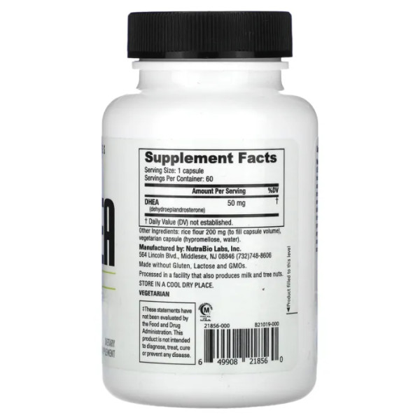 ДГЕА, DHEA, NutraBio, 50 мг, 60 капсул
