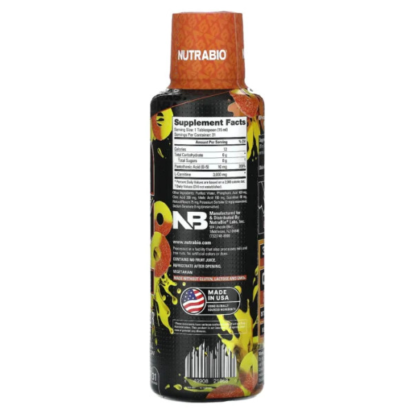 L-карнітин, L-Carnitine, NutraBio, 3000, зі смаком персикових кілець, 473 мл