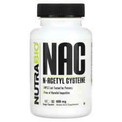 N ацетилцистеїн 600 мг, NutraBio N-Acetyl Cysteine, 90 рослинних капсул