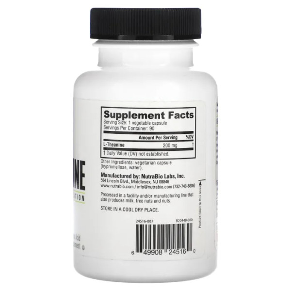 L-теанін, L-Theanine, NutraBio, 200 мг, 90 капсул