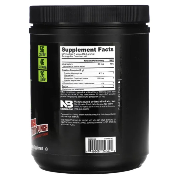 Креатин, глютамін та таурин, CGT MAX, NutraBio, зі смаком пуншу з тропічних фруктів, 491 г