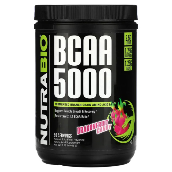 Амінокислоти, BCAA 5000, NutraBio, зі смаком цукерок з пітахайї, 465 г