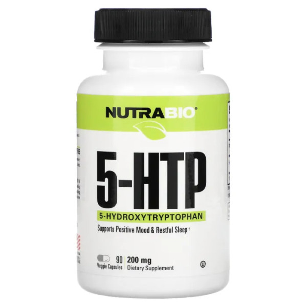 5-гідрокситриптофан, 5-HTP, NutraBio, 200 мг, 90 рослинних капсул