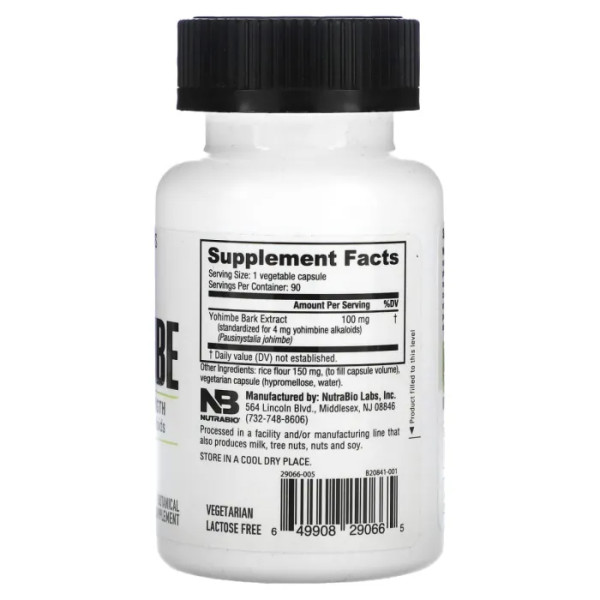 Йохімбе, Yohimbe, NutraBio, 100 мг, 90 капсул (100 мг у капсулі)