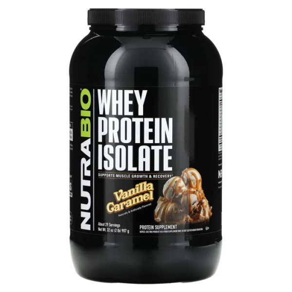 Ізолят сироваткового протеїну, Whey Protein Isolate, NutraBio, зі смаком ваніль-карамель, 907 г