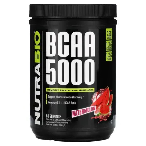 Амінокислоти, BCAA 5000, NutraBio, зі смаком кавуна, 380 г