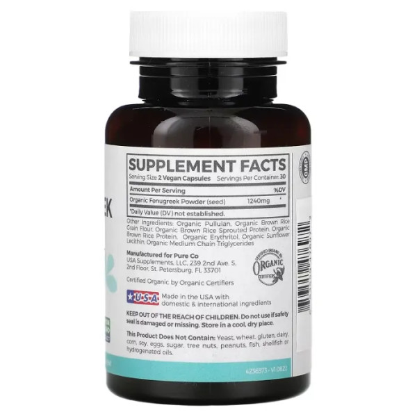 Пажитник, органічний порошок, Pure Mom, Organic Fenugreek, Pure Co., 1240 мг, 60 веганських капсул (620 мг на веганську капсулу)