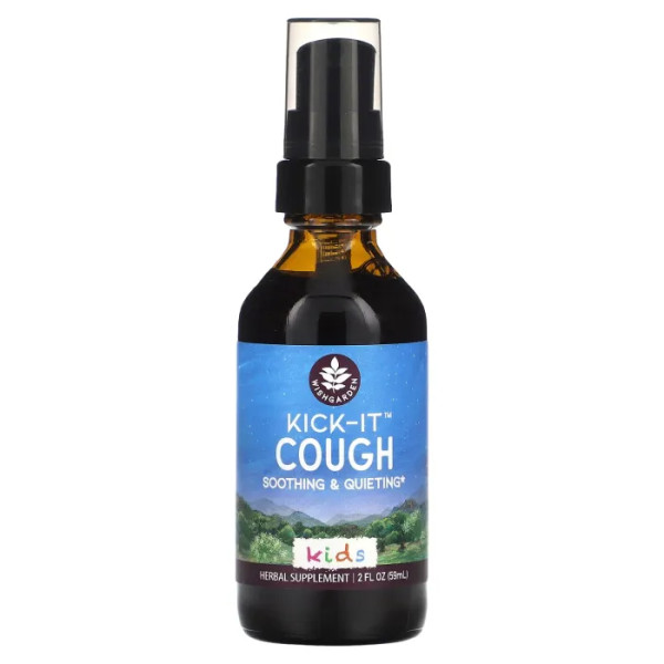 Від кашлю та болю в горлі у дітей, Kids Kick-It Cough Soothing & Quieting, WishGarden Herbs, заспокійливе, 59 мл