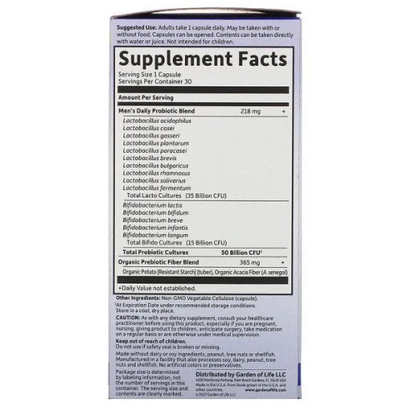 Пробіотики для чоловіків, Men's Probiotics, Garden of Life, 1 на день, 50 млрд, 30 вегетаріанських капсул
