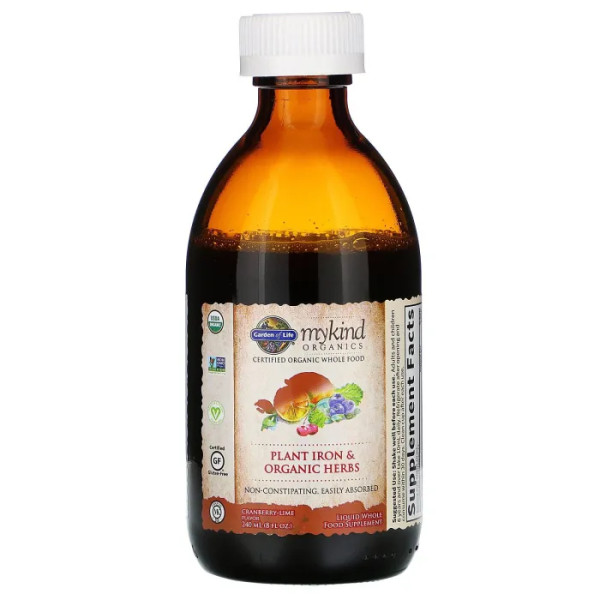 Залізо рослинне і трави, Iron & Herbs, Garden of Life, Mykind Organics, органік, журавлина-лайм, 240 мл
