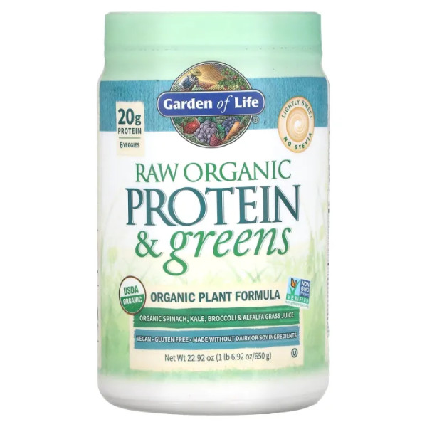 Рослинний сирий і зелений білок, Raw Protein & Greens, Garden of Life, органік, підсолоджений, 650 г