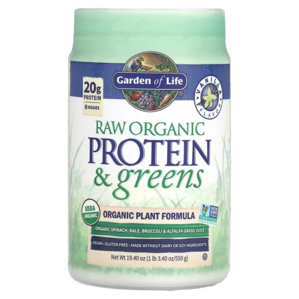 Рослинний білок сирої і зелень, Raw Protein & Greens, Garden of Life, смак ванілі, органік, 550 г