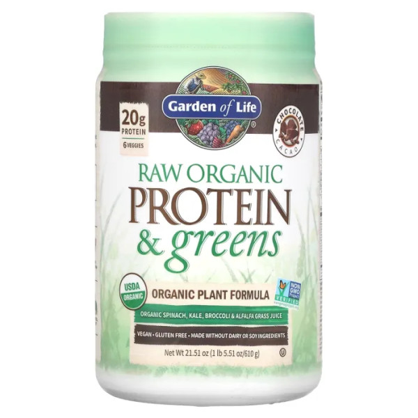 Рослинний білок сирий та зелень, Raw Protein & Greens, Garden of Life, смак шоколадного какао, органік, 610 г