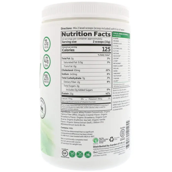 Сироватковий протеїн, полуниця, Whey Protein, Garden of Life, органік, 390 г