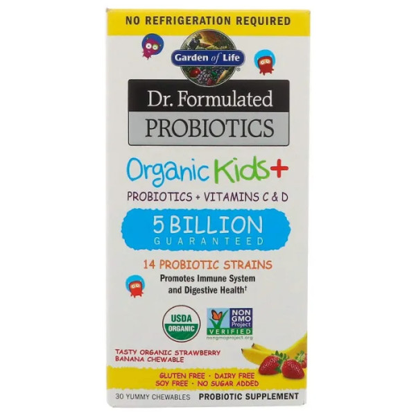 Пробіотик + вітаміни для дітей, Probiotics + Vitamins C & D, Garden of Life, Dr. Formulated Brain Health, 5 млрд, органік, полуниця-банан, 30 жувальних таблеток