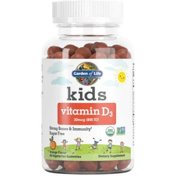 Вітамін D3 для дітей, апельсиновий смак, Kids, Vitamin D3, Garden of Life, 20 мкг (800 МО), 60 вегетаріанських жувальних цукерок