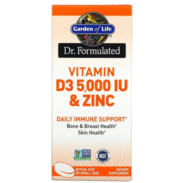 Вітамін D3 та цинк, Vitamin D3 & Zinc, Garden of Life, Dr. Formulated, 30 маленьких пігулок