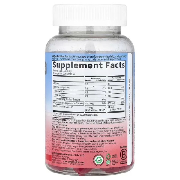 Магній з пробіотиками та пребіотиками, Magnesium, Garden of Life, смак малини, 60 жувальних цукерок