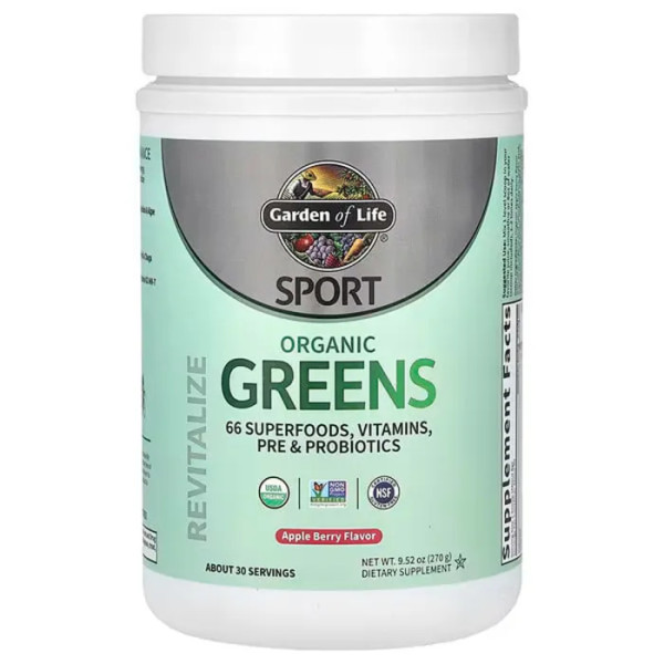 Зелень органічна, порошок, Organic Greens, Garden of Life, Sport, суперпродукт, веган, смак яблука та ягід, 270 г