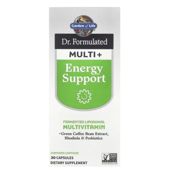 Мультивітаміни, енергетична підтримка, Dr. Formulated Multi+, Garden of Life, ліпосомальні, з екстрактом зеленої кави, родіолою та пробіотиками, 30 капсул