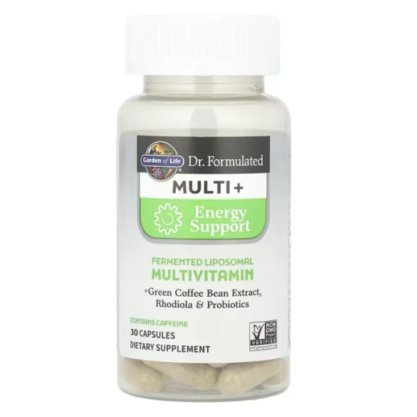 Мультивітаміни, енергетична підтримка, Dr. Formulated Multi+, Garden of Life, ліпосомальні, з екстрактом зеленої кави, родіолою та пробіотиками, 30 капсул