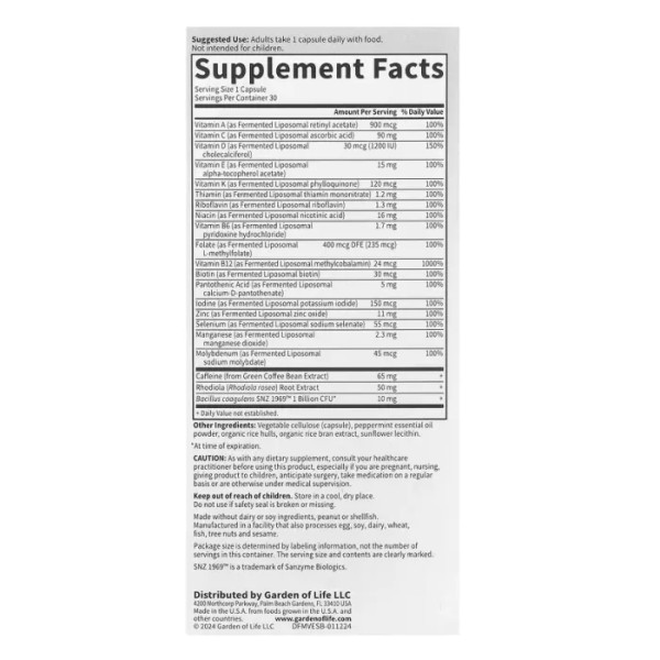 Мультивітаміни, енергетична підтримка, Dr. Formulated Multi+, Garden of Life, ліпосомальні, з екстрактом зеленої кави, родіолою та пробіотиками, 30 капсул