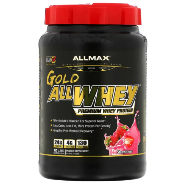 Сироватковий протеїн вищої якості Gold AllWhey, Premium Whey Protein, ALLMAX Nutrition, смак полуниці, суміш, 907 гр.