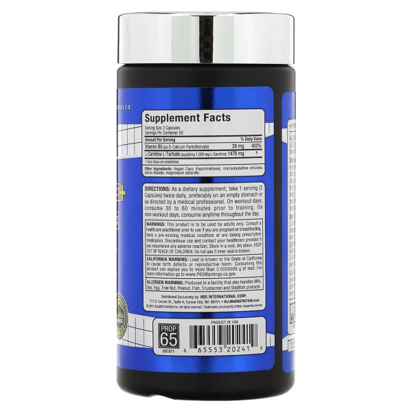 L-Карнітин + Тартрат, L-Carnitine + Tartrate, ALLMAX Nutrition, 1470 мг, 120 капсул