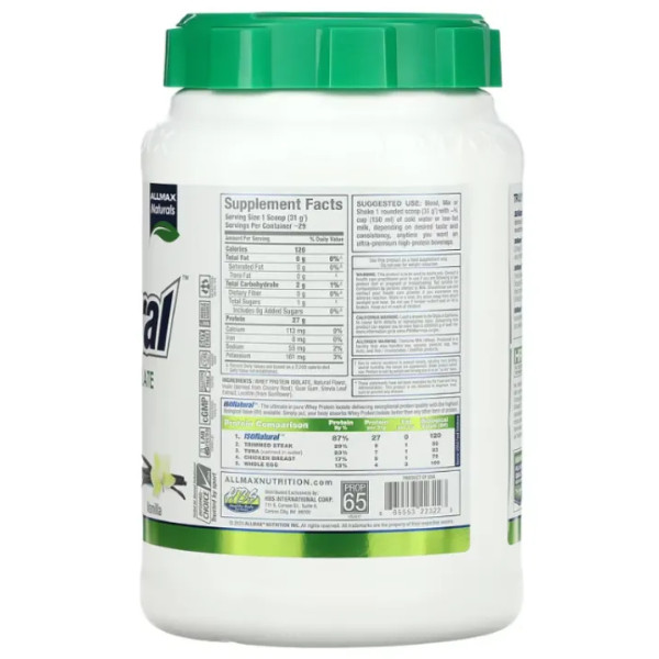 Ізолят сироваткового протеїну, IsoNatural, Pure Whey Protein Isolate, ALLMAX, ваніль, 907 г