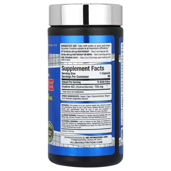 Креатин гідрохлорид, Creatine HCI, 750 mg, ALLMAX, 90 капсул