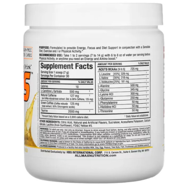 Енергетичний напій з амінокислотами ВССА, ACUTS, Amino-Charged Energy Drink, ALLMAX, смак Піна Колада, 210 г