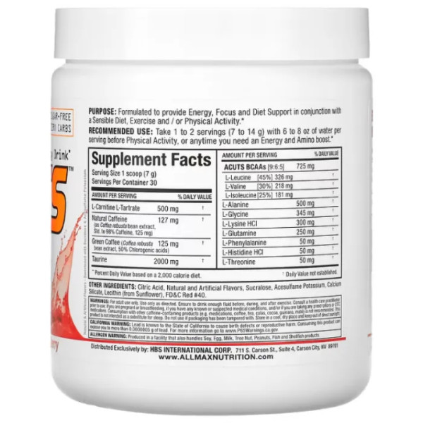 Енергетичний напій з амінокислотами ВССА, ACUTS, Amino-Charged Energy Drink, ALLMAX, смак ягід годжі, 210 г