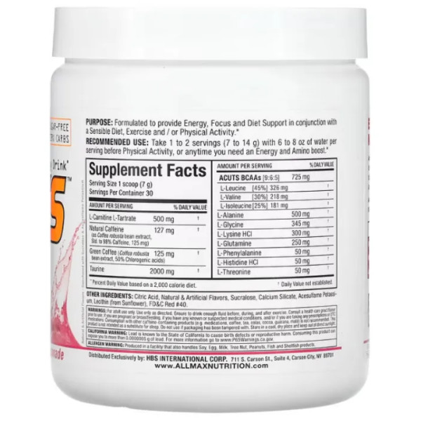 Енергетичний напій з амінокислотами ВССА, ACUTS, Amino-Charged Energy Drink, ALLMAX, смак рожевий лимонад, 210 г
