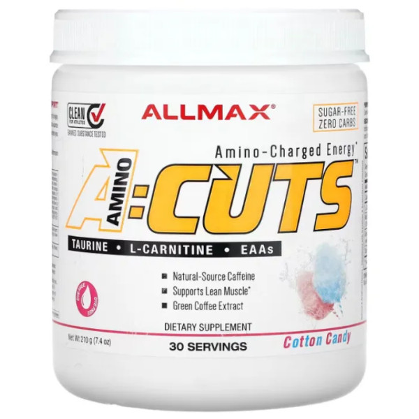 Енергетичний напій з амінокислотами ВССА, ACUTS, Amino-Charged Energy, ALLMAX, енергія для тренувань, підтримка дієти, зі смаком солодкої вати, 210 г