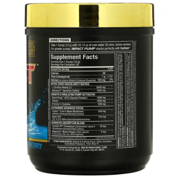 Передтренувальна формула без стимуляторів, IMPACT PUMP, ALLMAX, посилює накачування м'язів, смак синя малина, 360 г