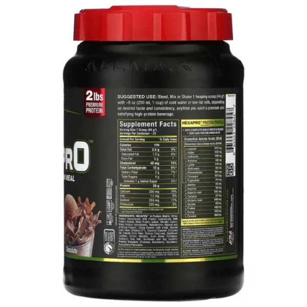 Протеїновий коктейль з високим вмістом білка, Hexapro, High-Protein Lean Meal, ALLMAX, уповільненого вивільнення, смак шоколаду, 907 г